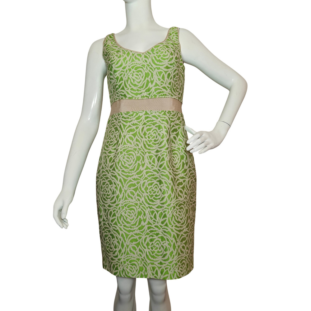 Maggy London Green Floral Jacquard Sheath Dress Ribbon Waist Size 6